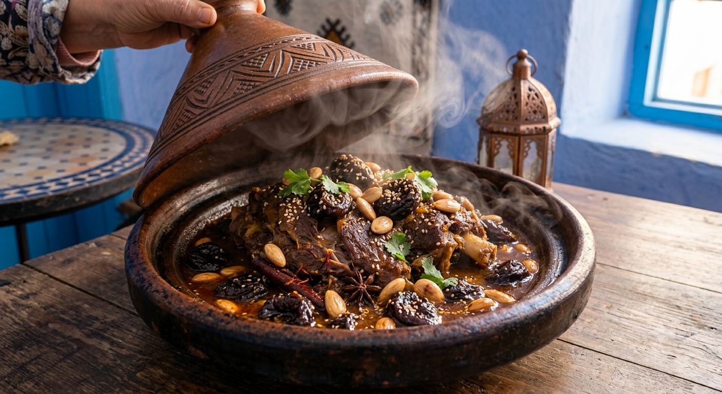Épaule d'agneau confite sept heures, pruneaux et amandes, dans un tajine en terre cuite