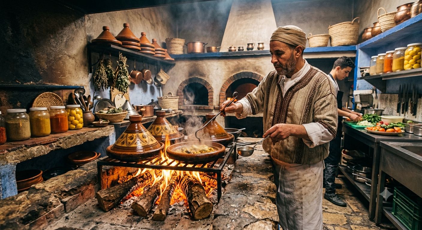 Chef préparant un tajine au feu de bois dans les cuisines de L'Olivier Rouge