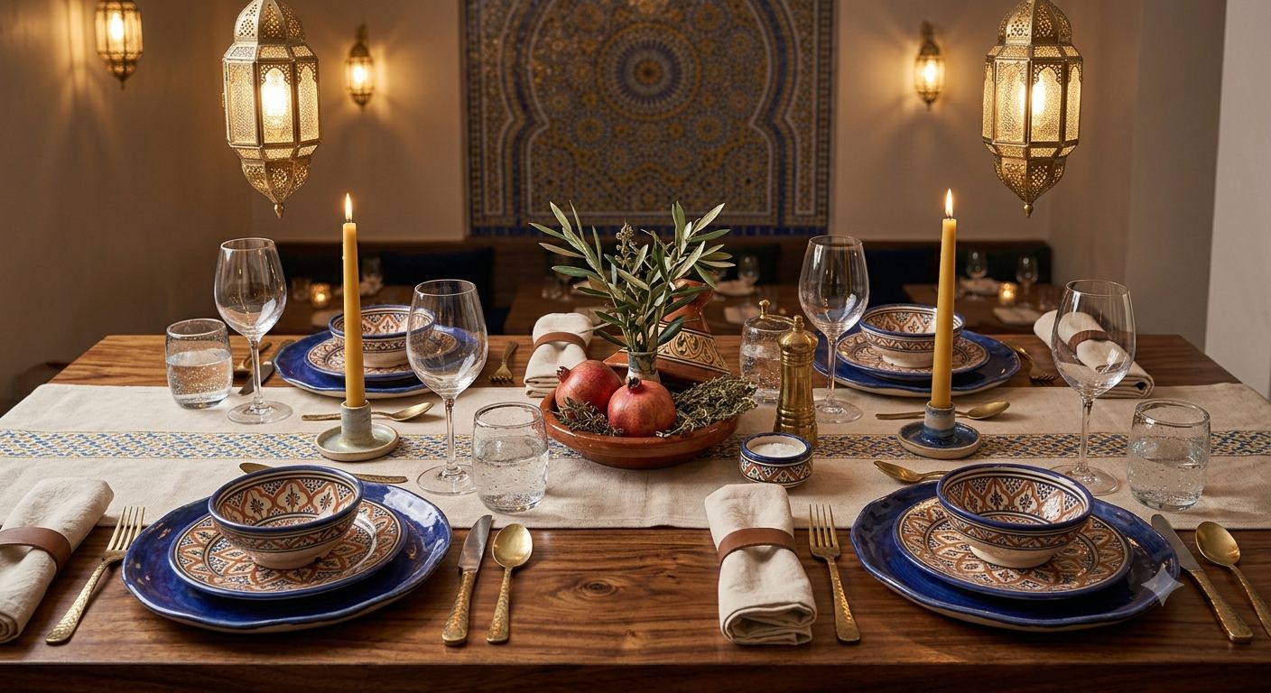 Détail d'une table dressée avec vaisselle artisanale marocaine