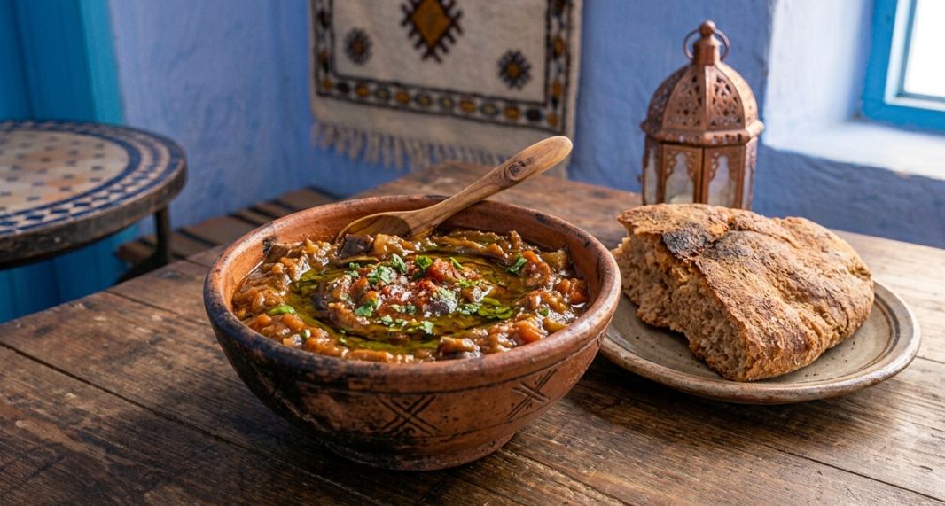 Zaalouk d'aubergines fumées dressé en assiette